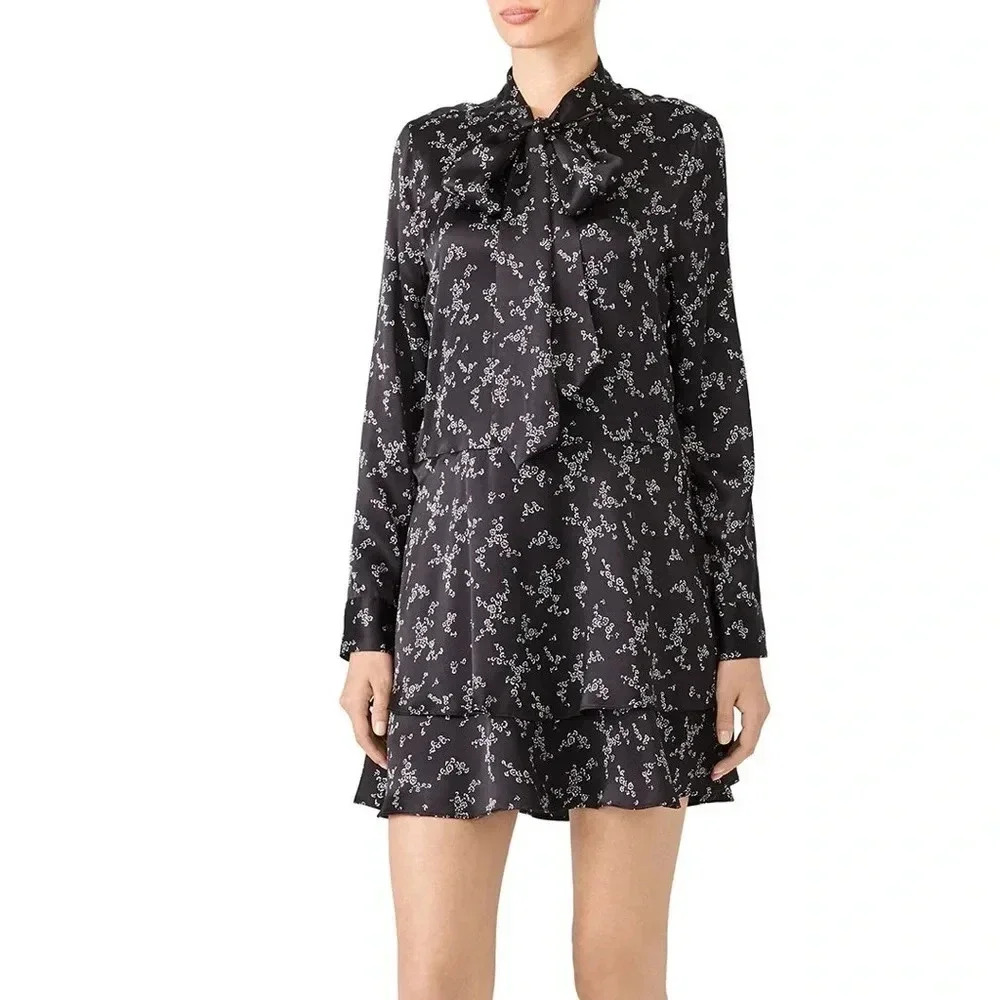Equipment Natalia Tie Neck 100% Silk Black/White Floral Whimsical Tiered Dress - Picture 2 of 10